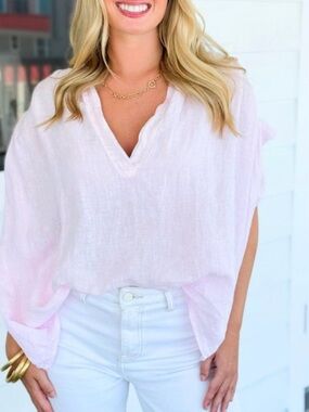 Women’s Light Pink V-Neck Linen Tunic Top